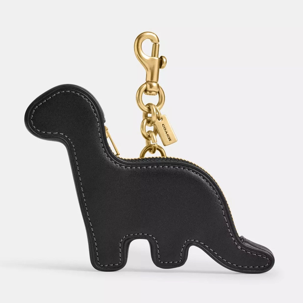 Coach Dino Coin Purse Pouch Bag Charm in Brass/Black Glovetanned Leather NWT